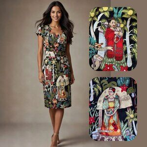 Grace Karin Frida Kahlo Print Wiggle Dress Size L Retro 50s Pinup Pencil Sheath